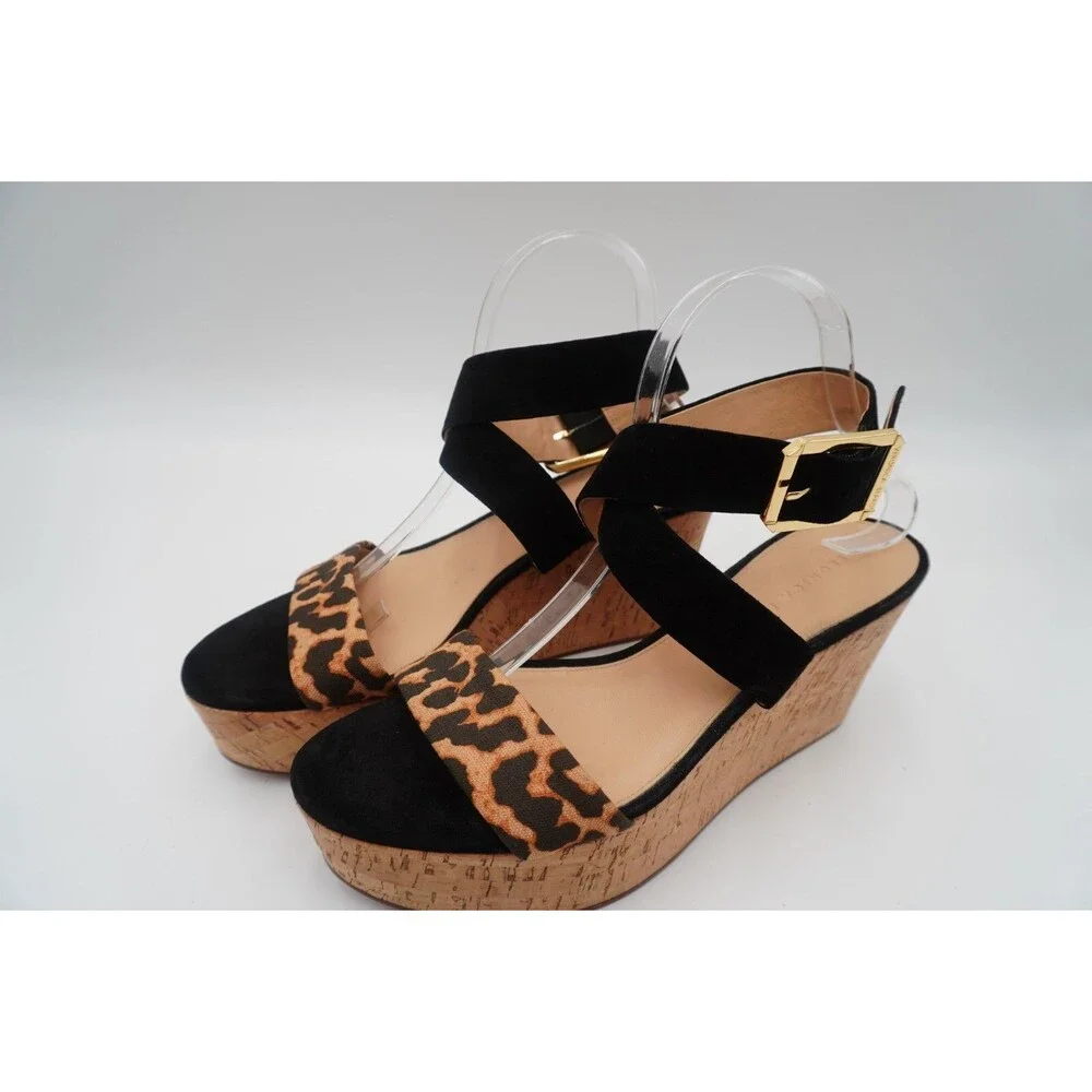 Veronica Beard Hurley Cross Ankle Strap Platform Wedge Sandal Leopard Print 10M